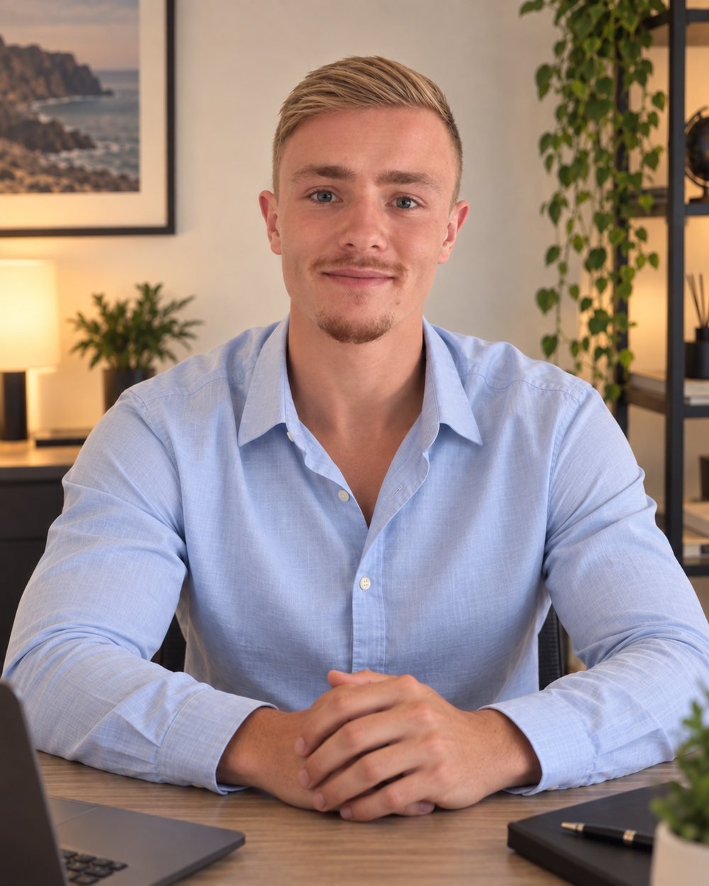 Arthur Escure, souriant, chemise bleue, assis à son bureau